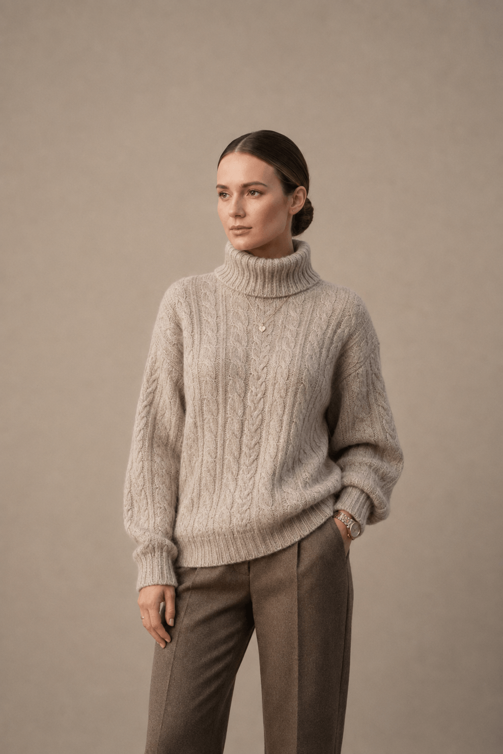 Women's Beige Cable-Knit Turtleneck Sweater