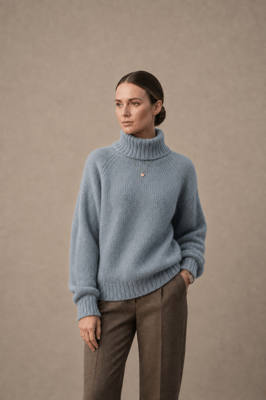 Oversized Turtleneck Sweater in Dusty Blue Ribbed Knit