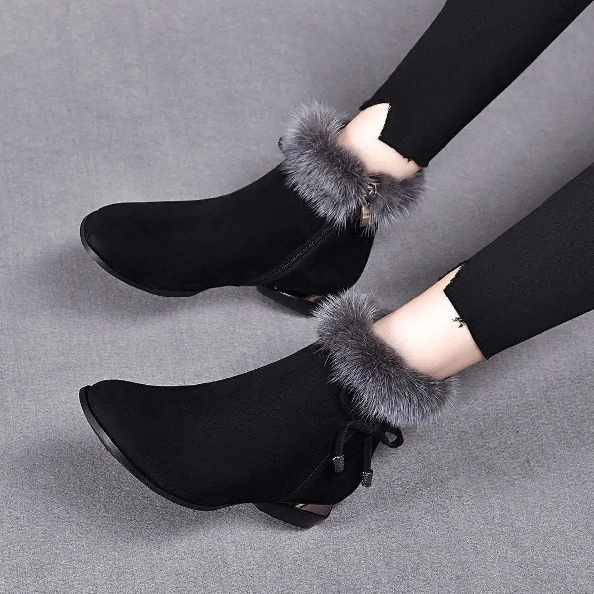 Women's Ankle Boots | Faux Suede, Fur Trim, Flat Block Heel, Drawstring Collar 0