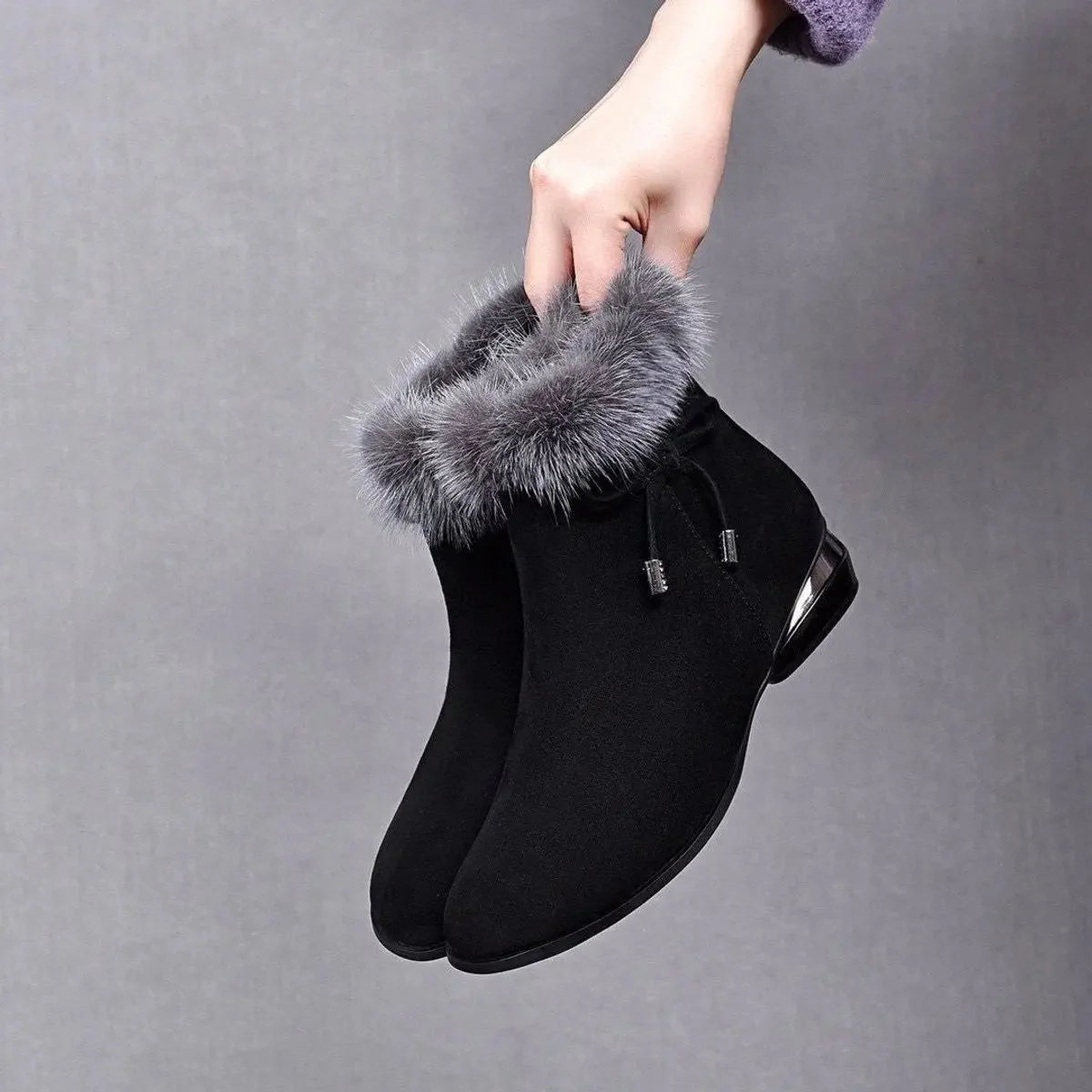 Women's Ankle Boots | Faux Suede, Fur Trim, Flat Block Heel, Drawstring Collar 1