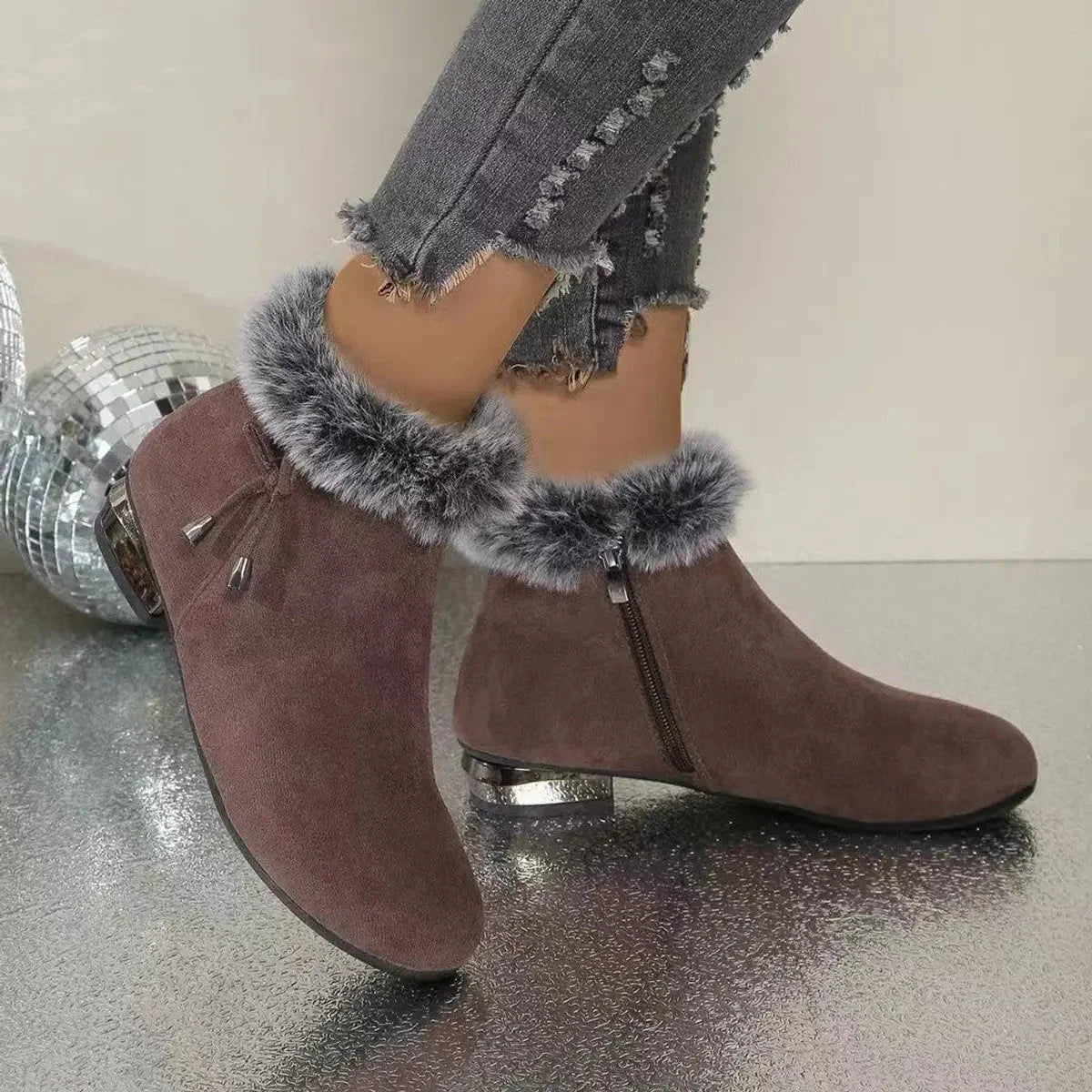 Women's Ankle Boots | Faux Suede, Fur Trim, Flat Block Heel, Drawstring Collar 3