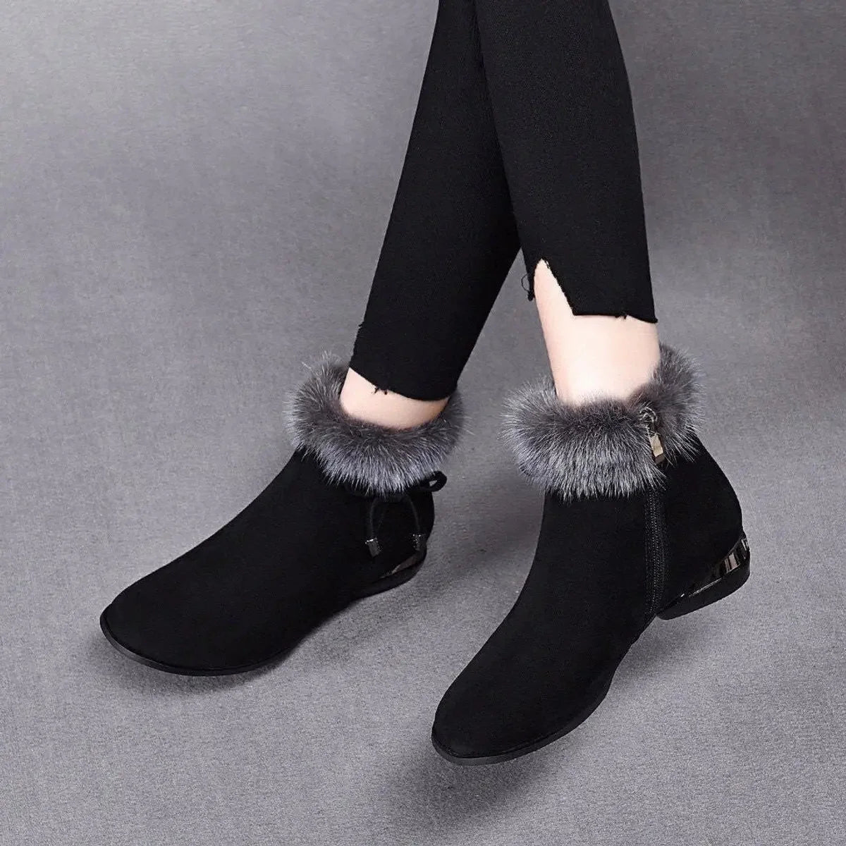 Women's Ankle Boots | Faux Suede, Fur Trim, Flat Block Heel, Drawstring Collar 4