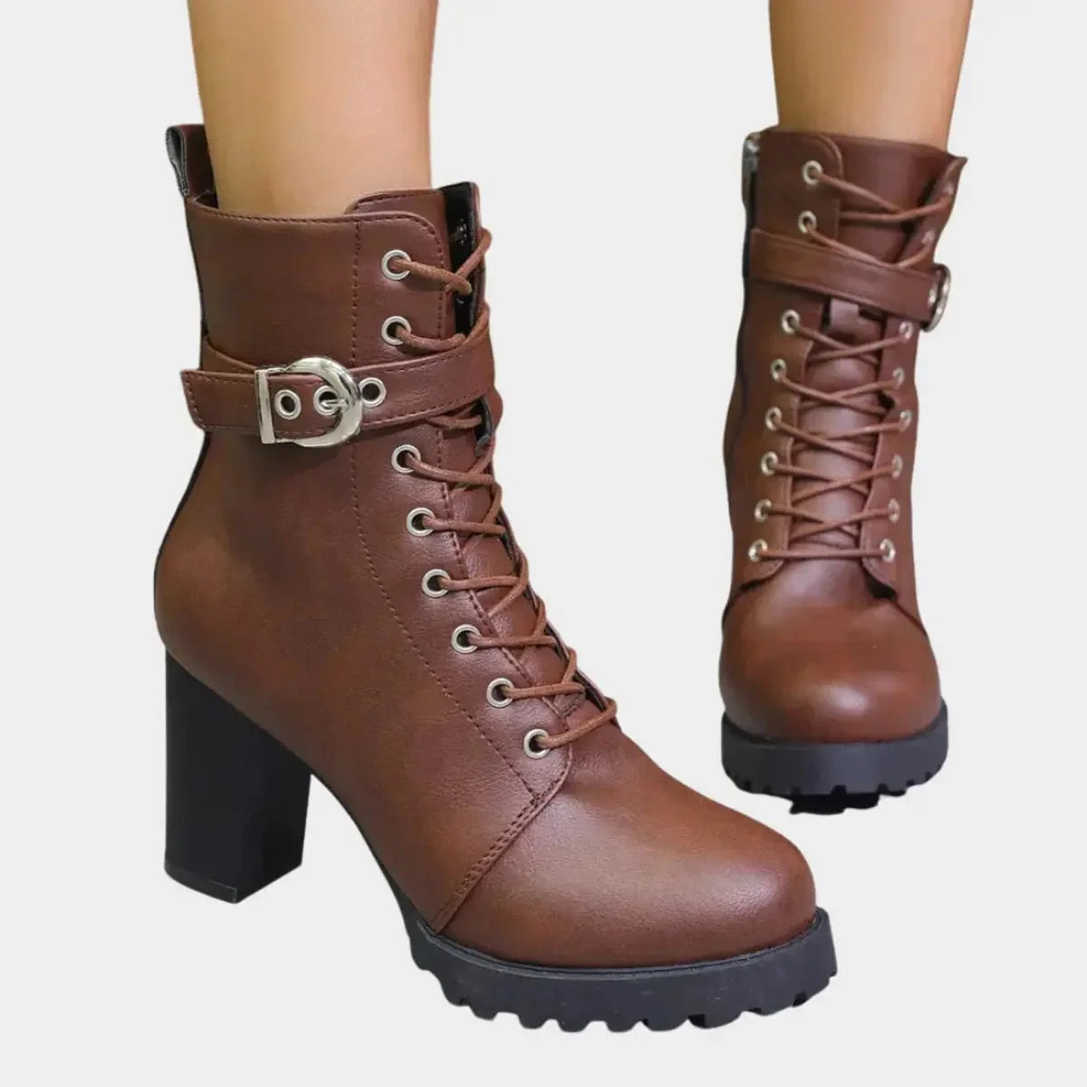Women's Black Ankle Boots | Lace-Up, Buckle Strap, Block Heel, Lug Sole 0
