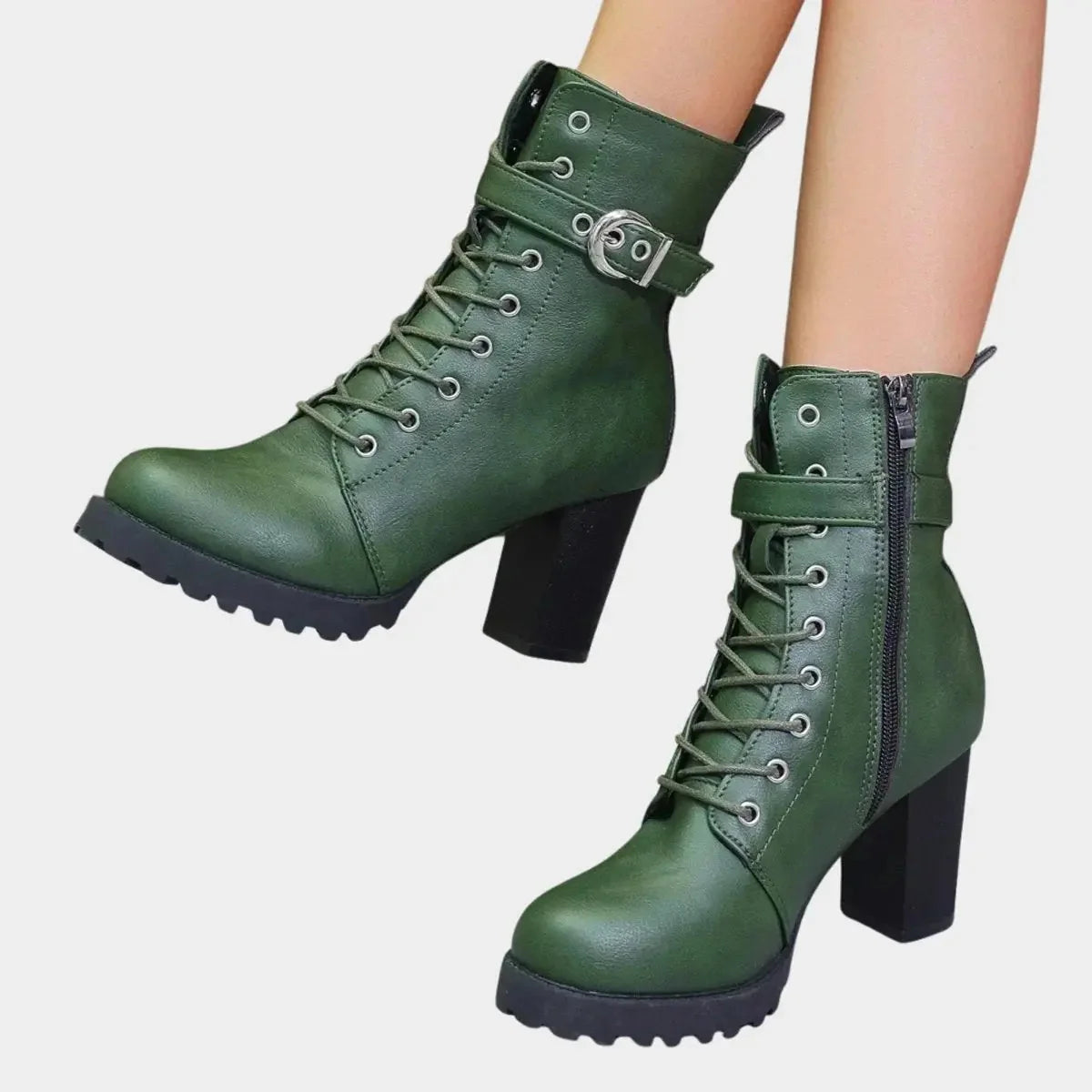 Women's Black Ankle Boots | Lace-Up, Buckle Strap, Block Heel, Lug Sole 1