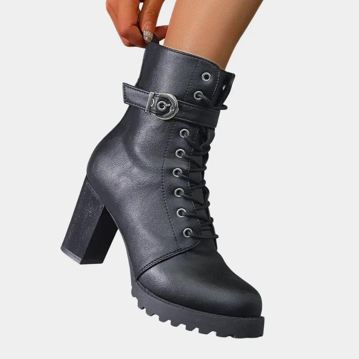 Women's Black Ankle Boots | Lace-Up, Buckle Strap, Block Heel, Lug Sole 4