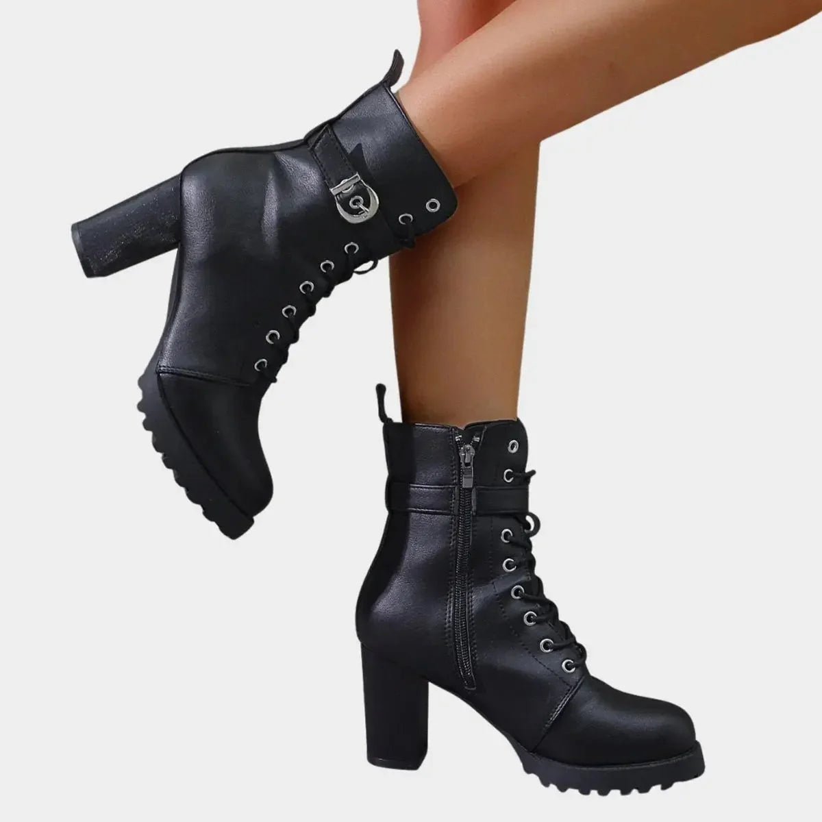 Women's Black Ankle Boots | Lace-Up, Buckle Strap, Block Heel, Lug Sole 5