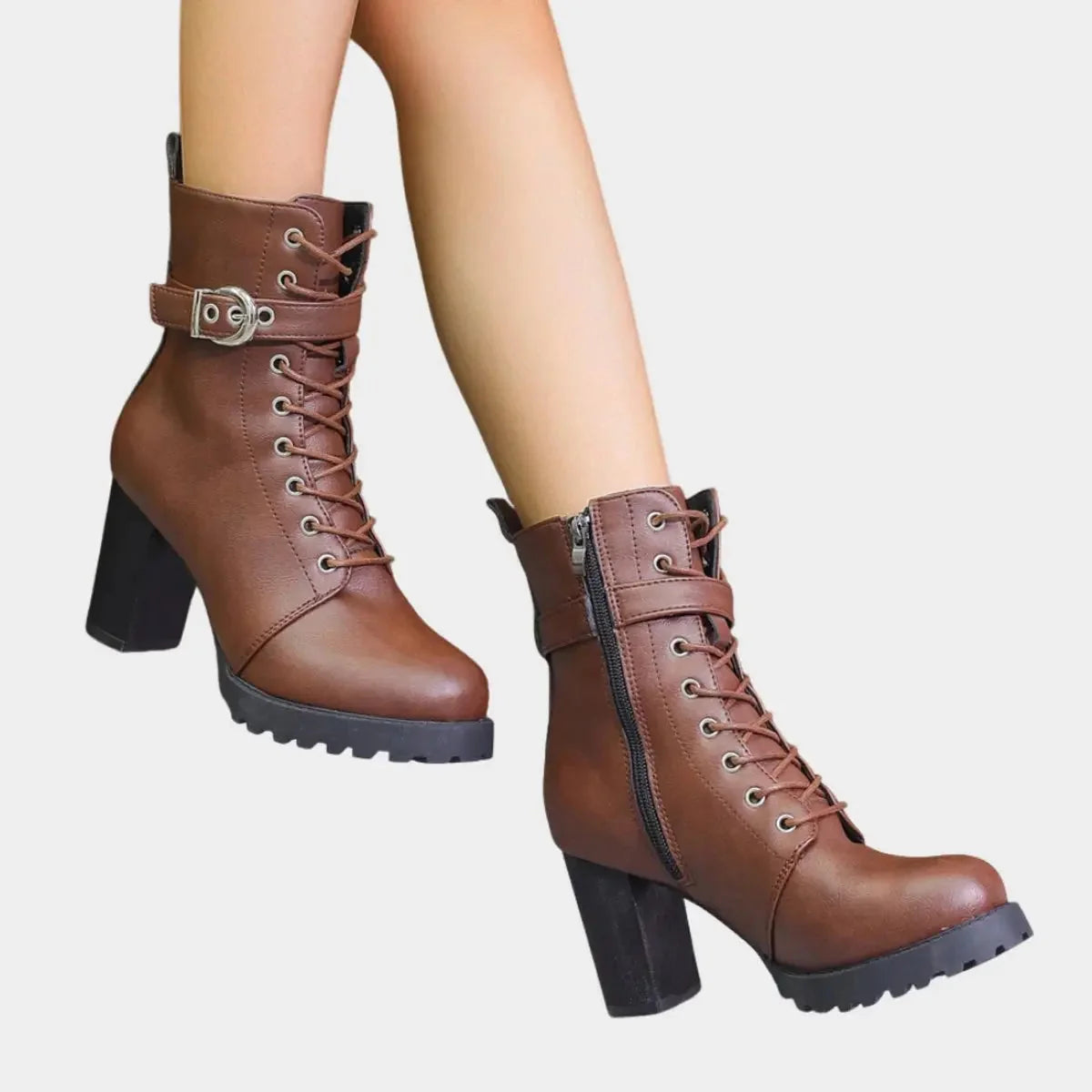 Women's Black Ankle Boots | Lace-Up, Buckle Strap, Block Heel, Lug Sole 6