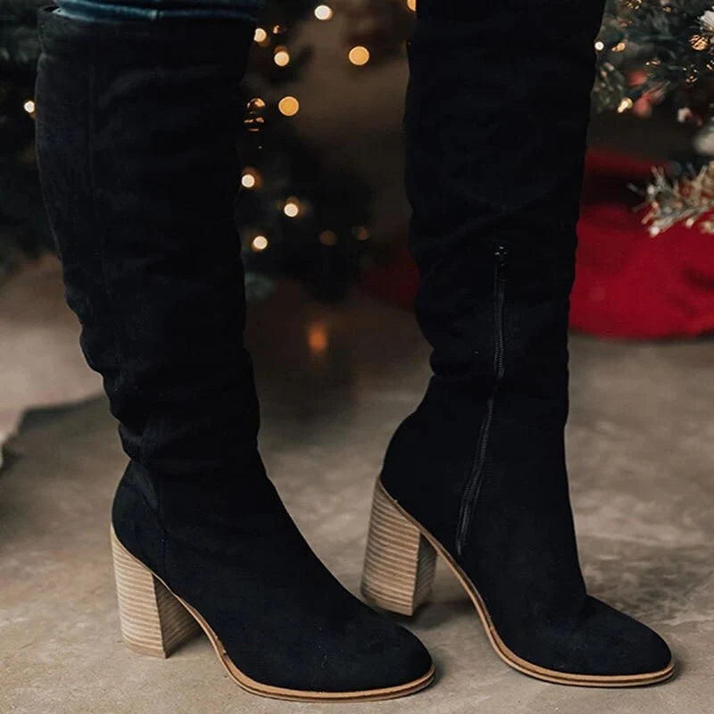 Women's Black Knee High Boots | Slouchy Fit, Block Heel, Side Zip 0