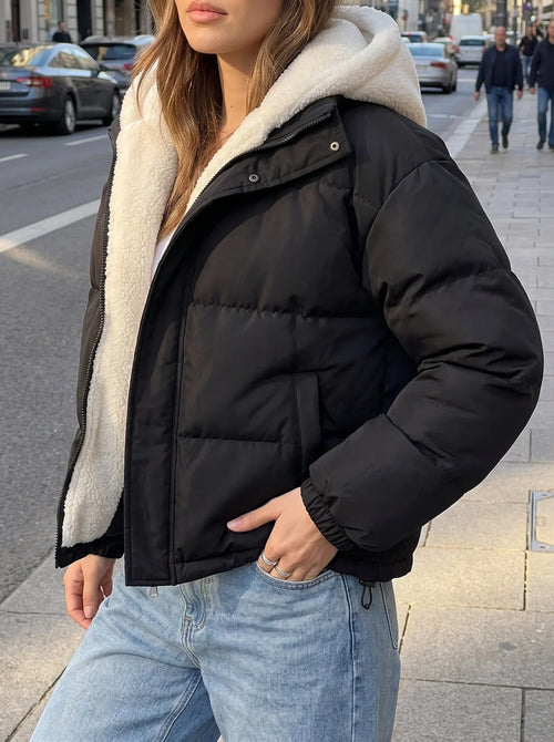 Women's Black Puffer Jacket | Fleece Lined, Boxy Fit, Adjustable Hem 0