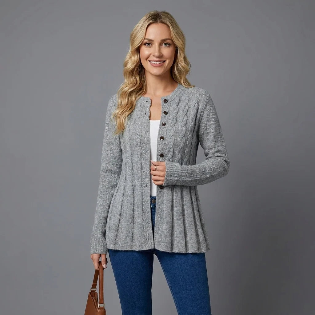 Women's Cable-Knit Peplum Cardigan | Fitted, Button Front, Round Neckline, Elegant Design 1