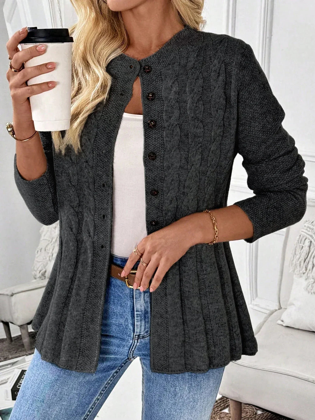 Women's Cable-Knit Peplum Cardigan | Fitted, Button Front, Round Neckline, Elegant Design 10
