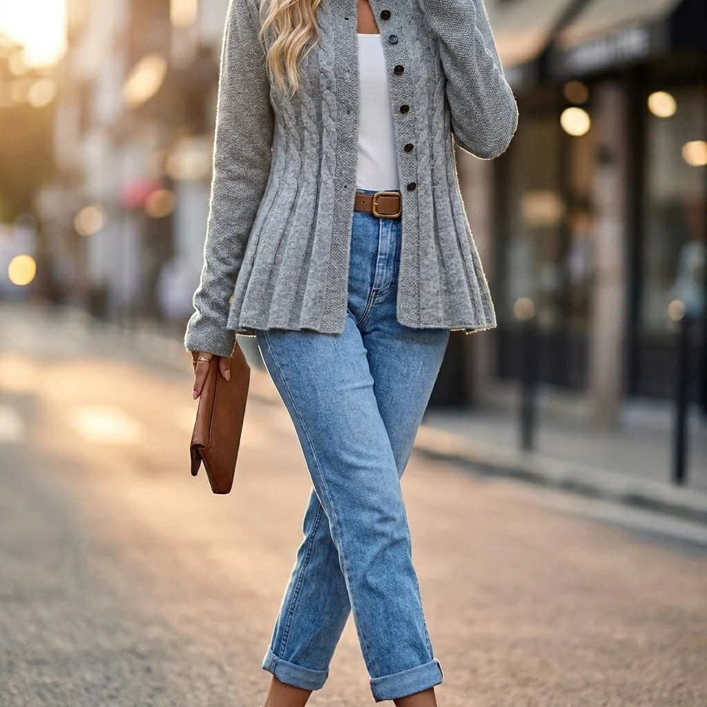 Women's Cable-Knit Peplum Cardigan | Fitted, Button Front, Round Neckline, Elegant Design 2