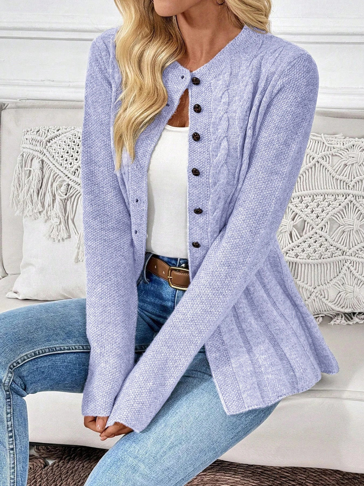 Women's Cable-Knit Peplum Cardigan | Fitted, Button Front, Round Neckline, Elegant Design 6