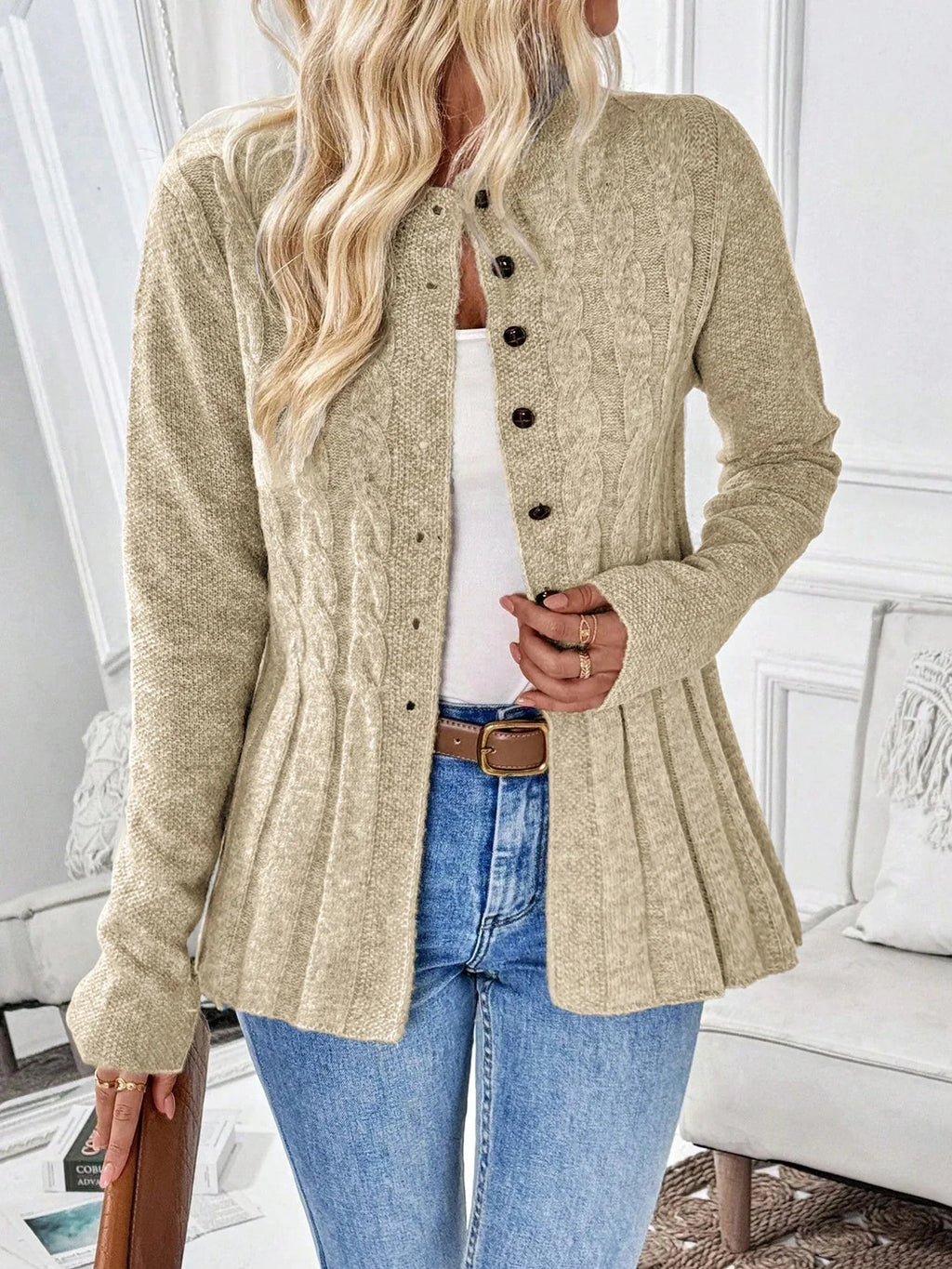 Women's Cable-Knit Peplum Cardigan | Fitted, Button Front, Round Neckline, Elegant Design 9