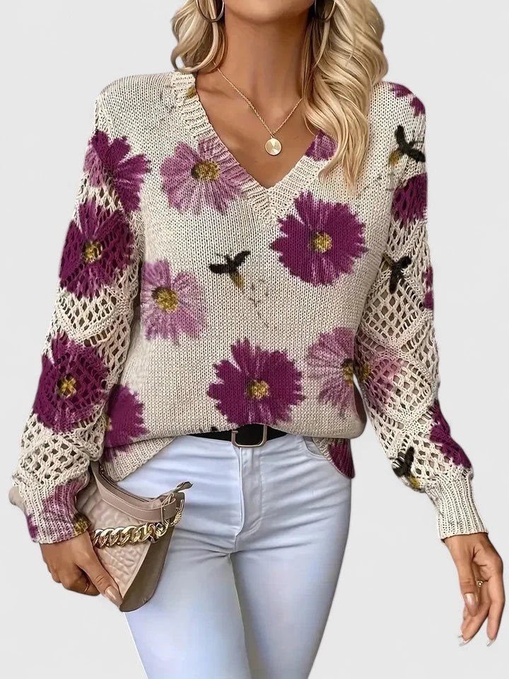 Women's Cardigan Sweater | Floral Knit Pattern, Airy Sleeve Weave, V-Neckline 1