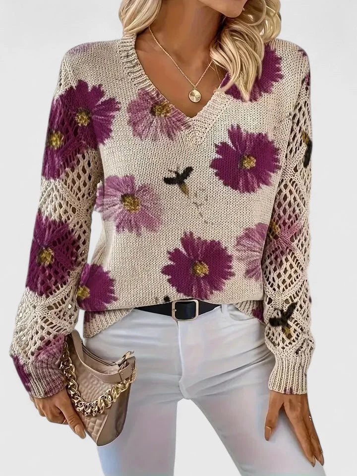 Women's Cardigan Sweater | Floral Knit Pattern, Airy Sleeve Weave, V-Neckline 3