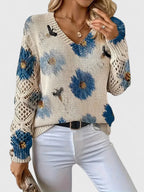 Women's Cardigan Sweater | Floral Knit Pattern, Airy Sleeve Weave, V-Neckline 4