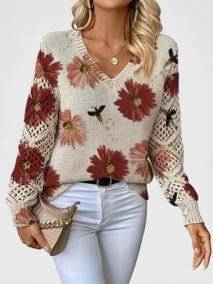 Women's Cardigan Sweater | Floral Knit Pattern, Airy Sleeve Weave, V-Neckline 6