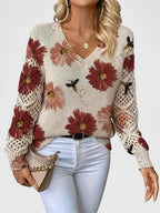 Women's Cardigan Sweater | Floral Knit Pattern, Airy Sleeve Weave, V-Neckline 6