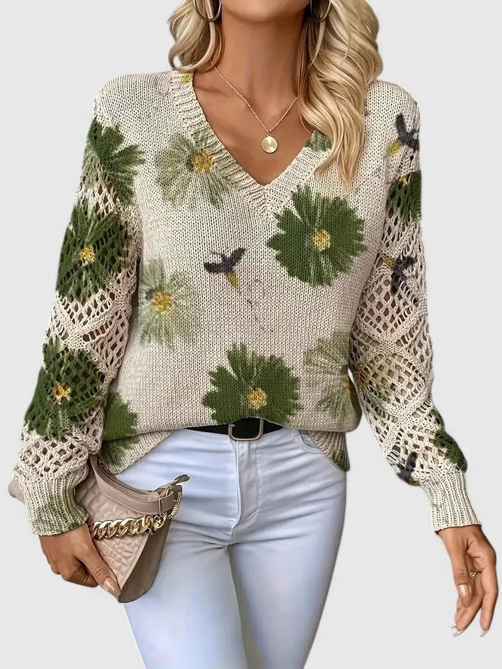 Women's Cardigan Sweater | Floral Knit Pattern, Airy Sleeve Weave, V-Neckline 9