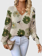 Women's Cardigan Sweater | Floral Knit Pattern, Airy Sleeve Weave, V-Neckline 9