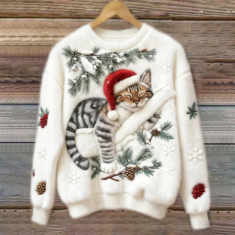 Women's Christmas Jumper | Festive Cat Print, Crew Neck, Ribbed Trim, Available in White and Pink 1