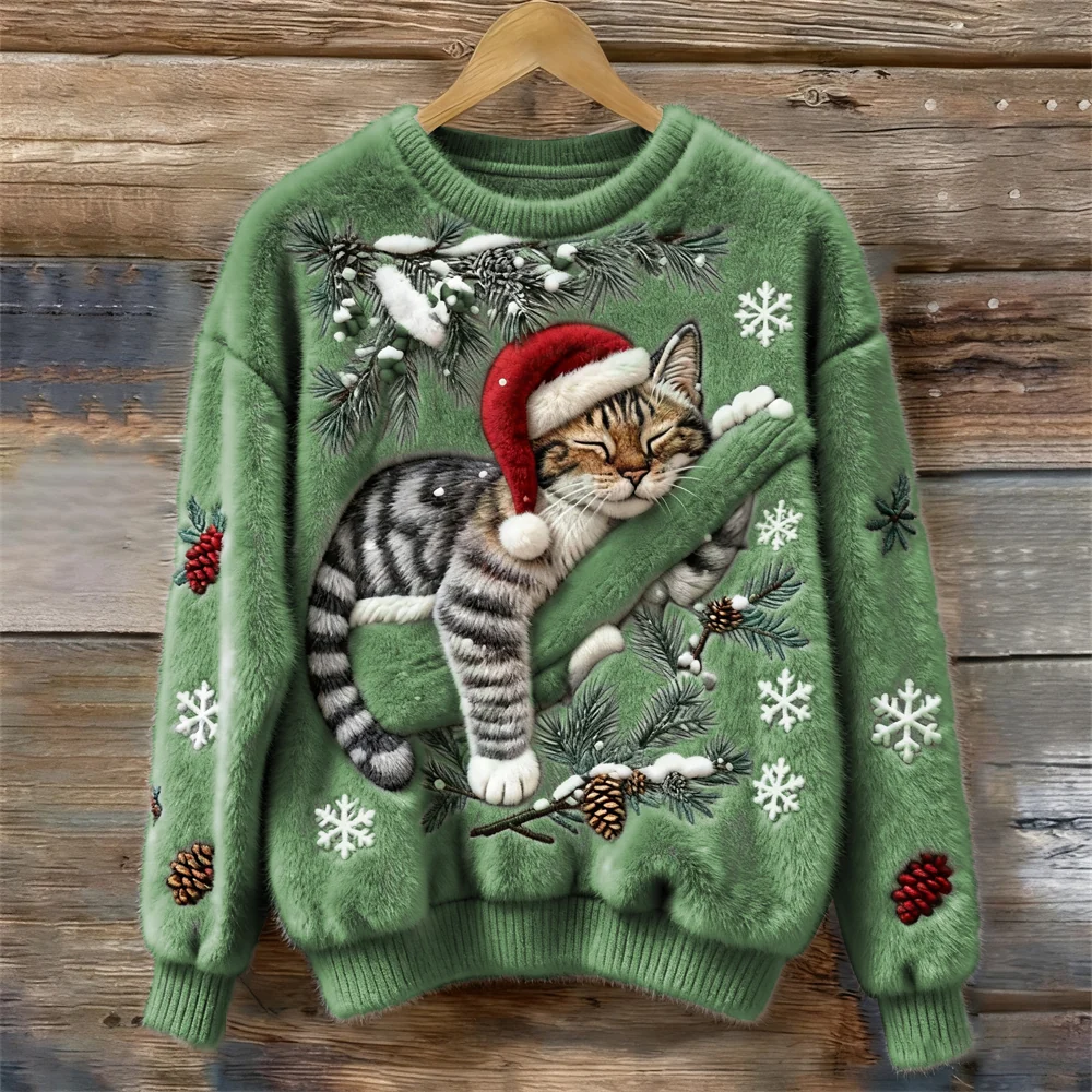 Women's Christmas Jumper | Festive Cat Print, Crew Neck, Ribbed Trim, Available in White and Pink 6