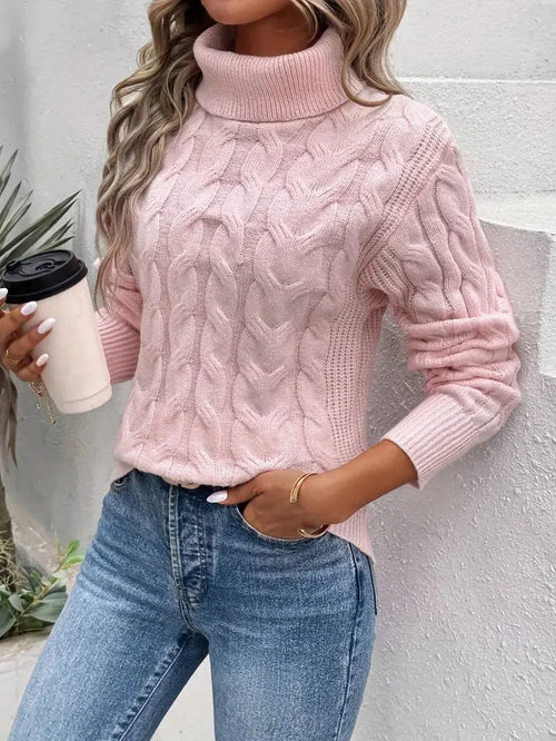 Women's Chunky Cable Knit Sweater | Turtleneck, Relaxed Fit, Side Slits 1