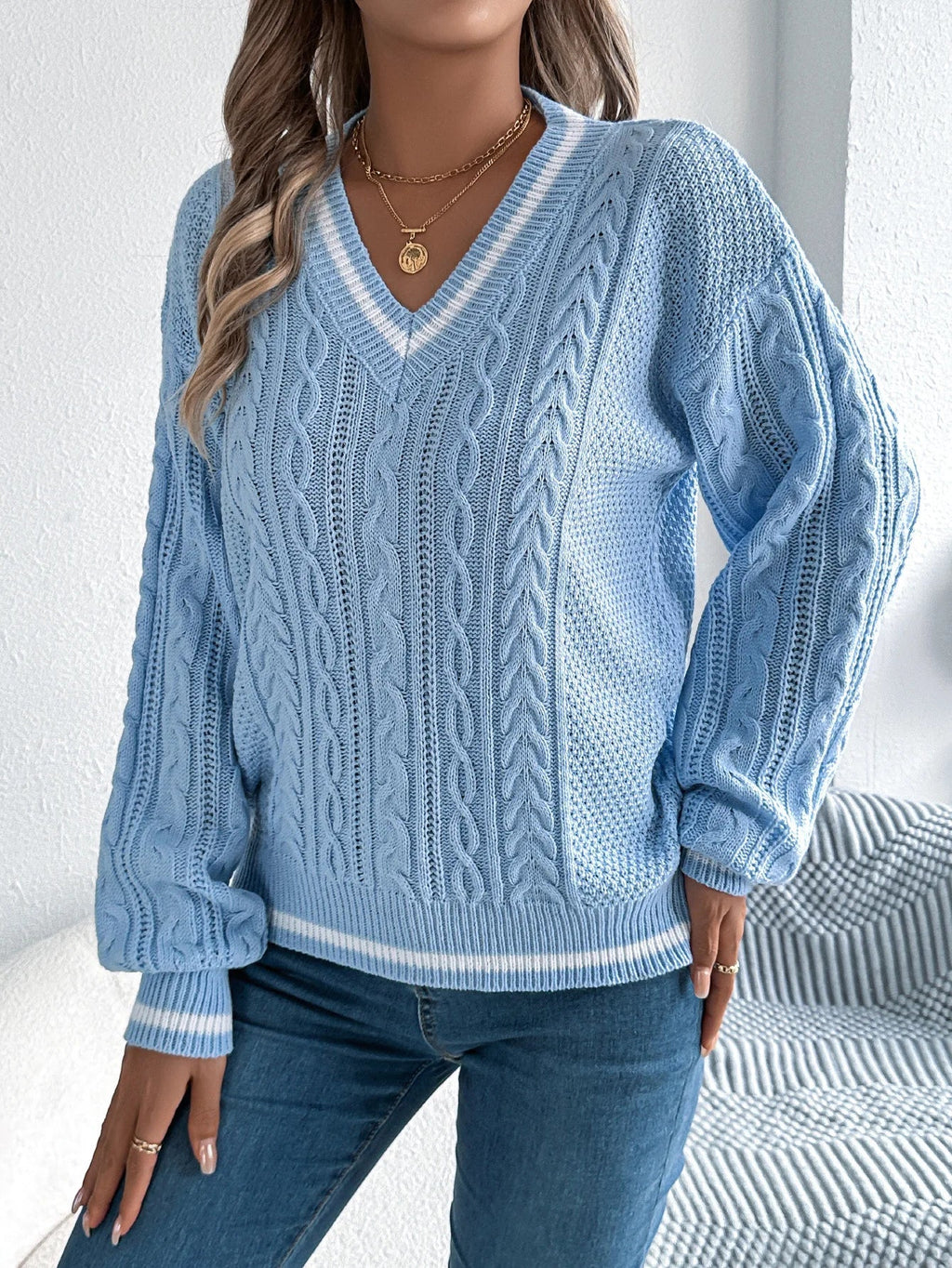 Women's Chunky Knit Cardigan | Relaxed Fit, V-Neck, Contrast Edging 0
