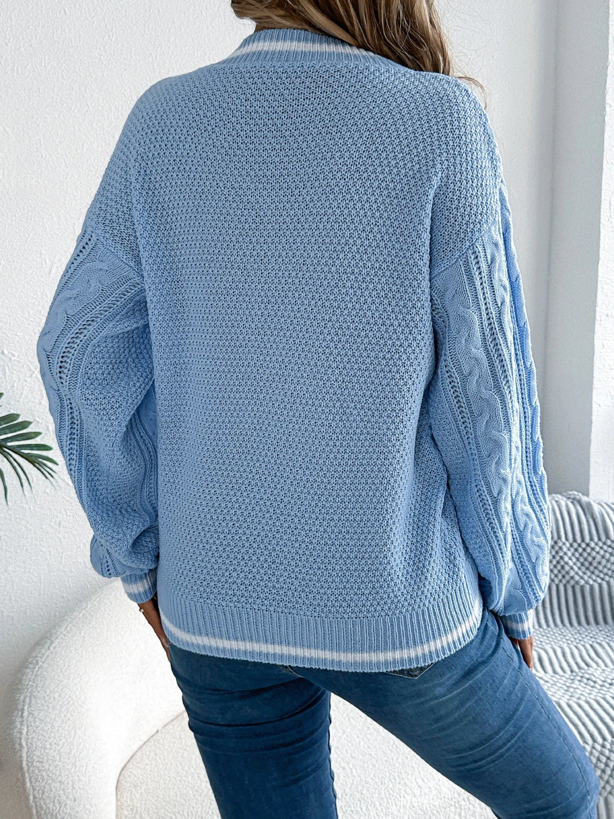 Women's Chunky Knit Cardigan | Relaxed Fit, V-Neck, Contrast Edging 4