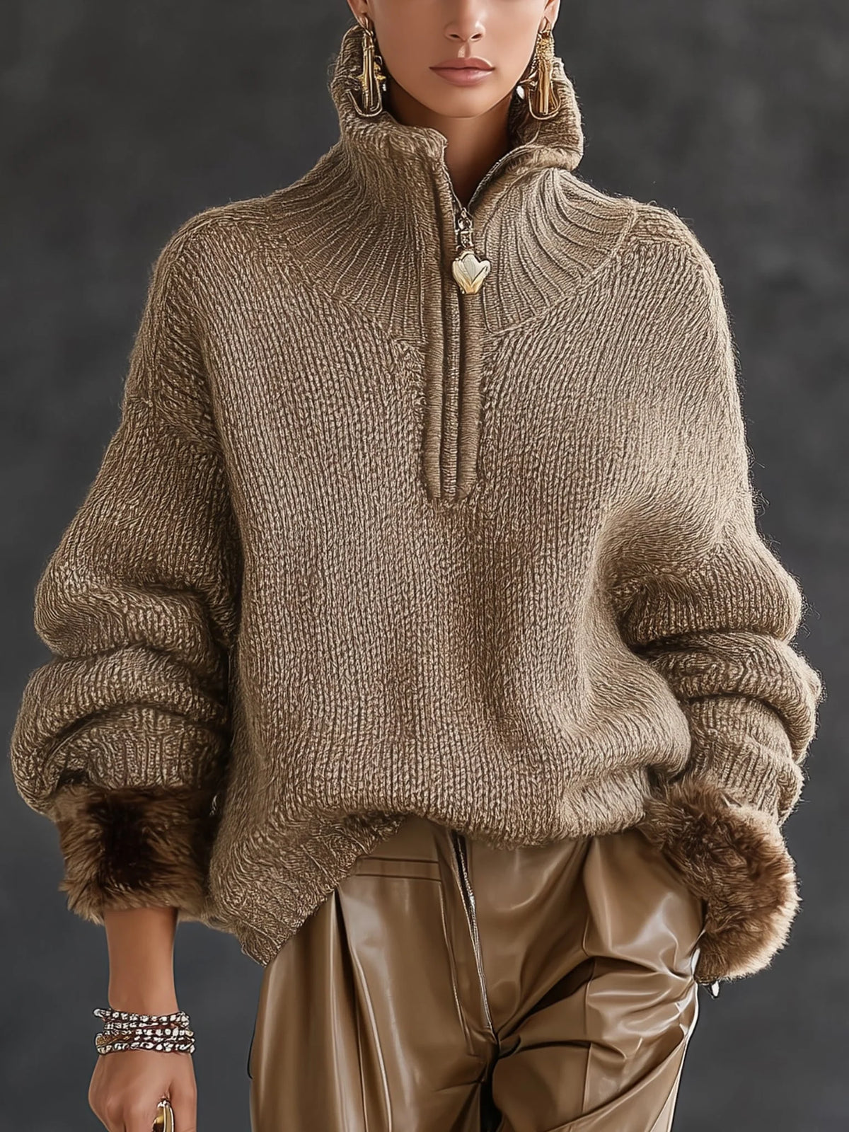 Women's Chunky Knit Jumper | Half-Zip Neckline, Faux Fur Cuffs, Cozy Mocha 0