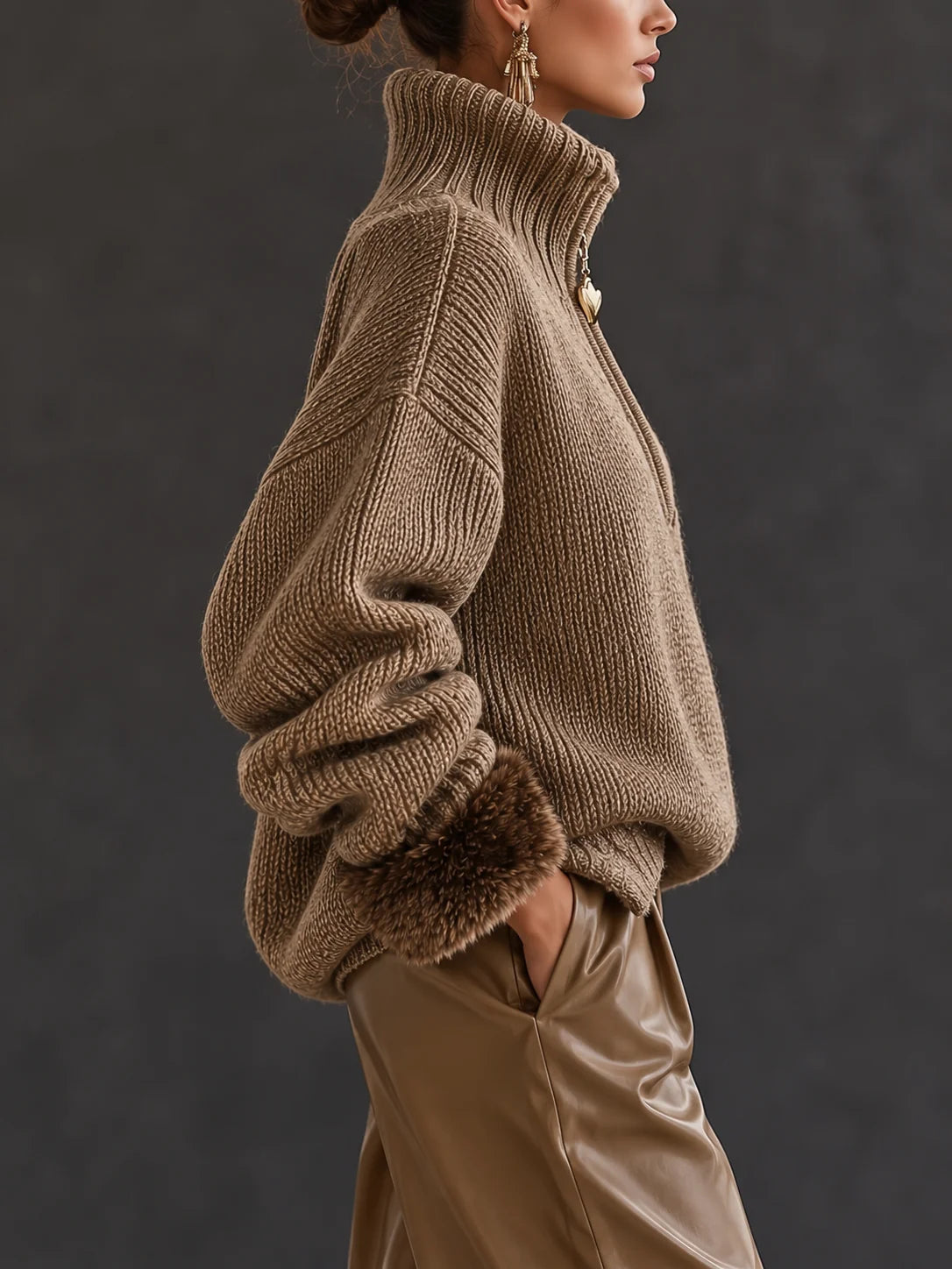 Women's Chunky Knit Jumper | Half-Zip Neckline, Faux Fur Cuffs, Cozy Mocha 1