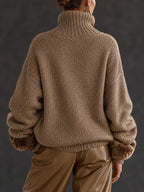 Women's Chunky Knit Jumper | Half-Zip Neckline, Faux Fur Cuffs, Cozy Mocha 2