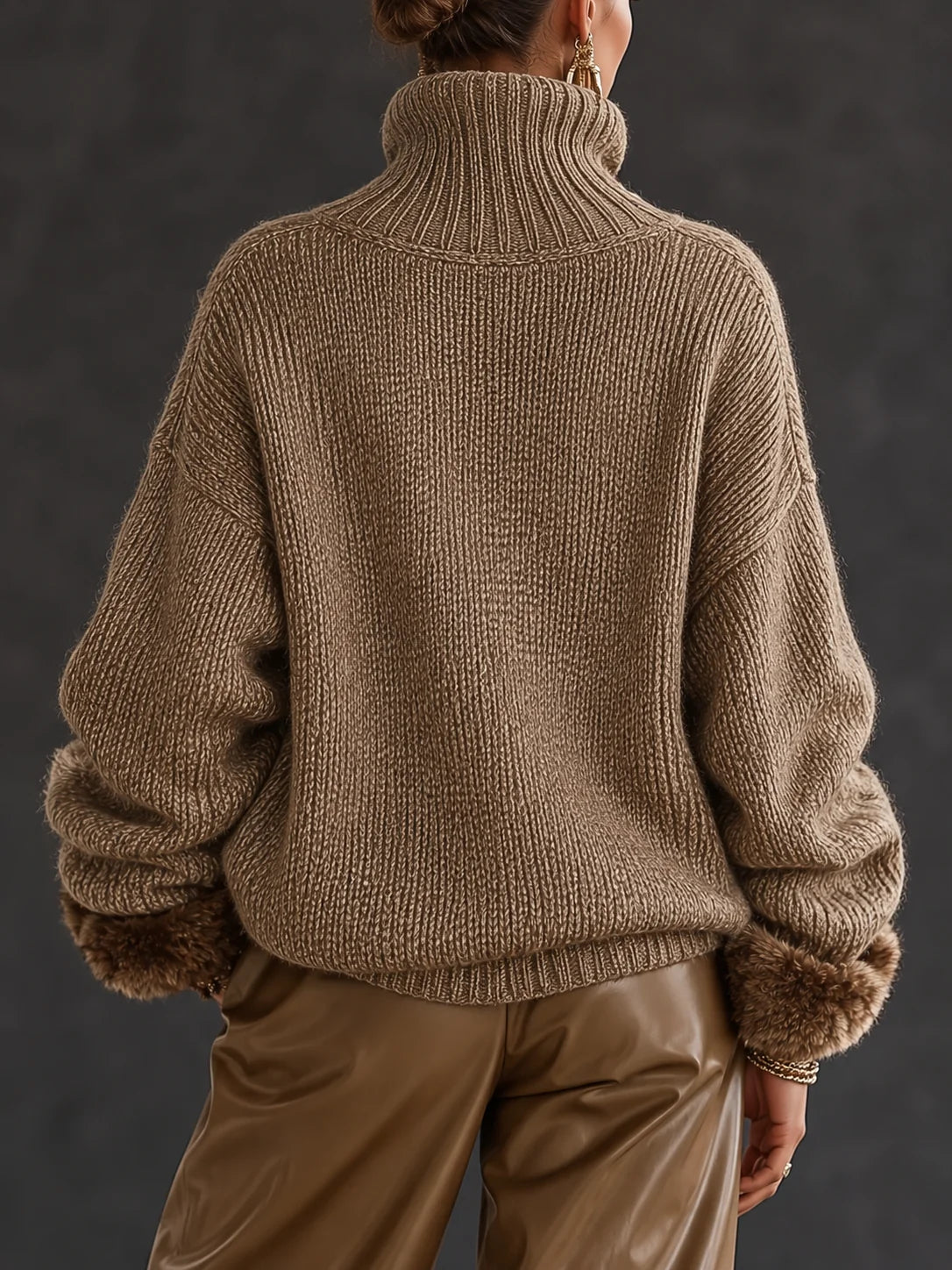 Women's Chunky Knit Jumper | Half-Zip Neckline, Faux Fur Cuffs, Cozy Mocha 2