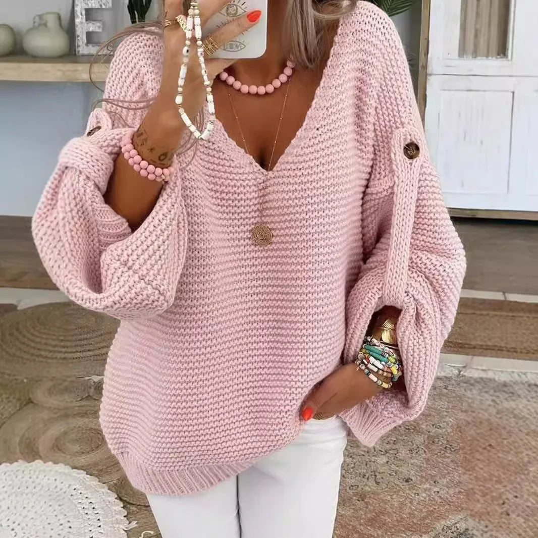 Women's Chunky Knit Jumper | Lantern Sleeves, Scalloped V-Neck, Oversized Fit 0