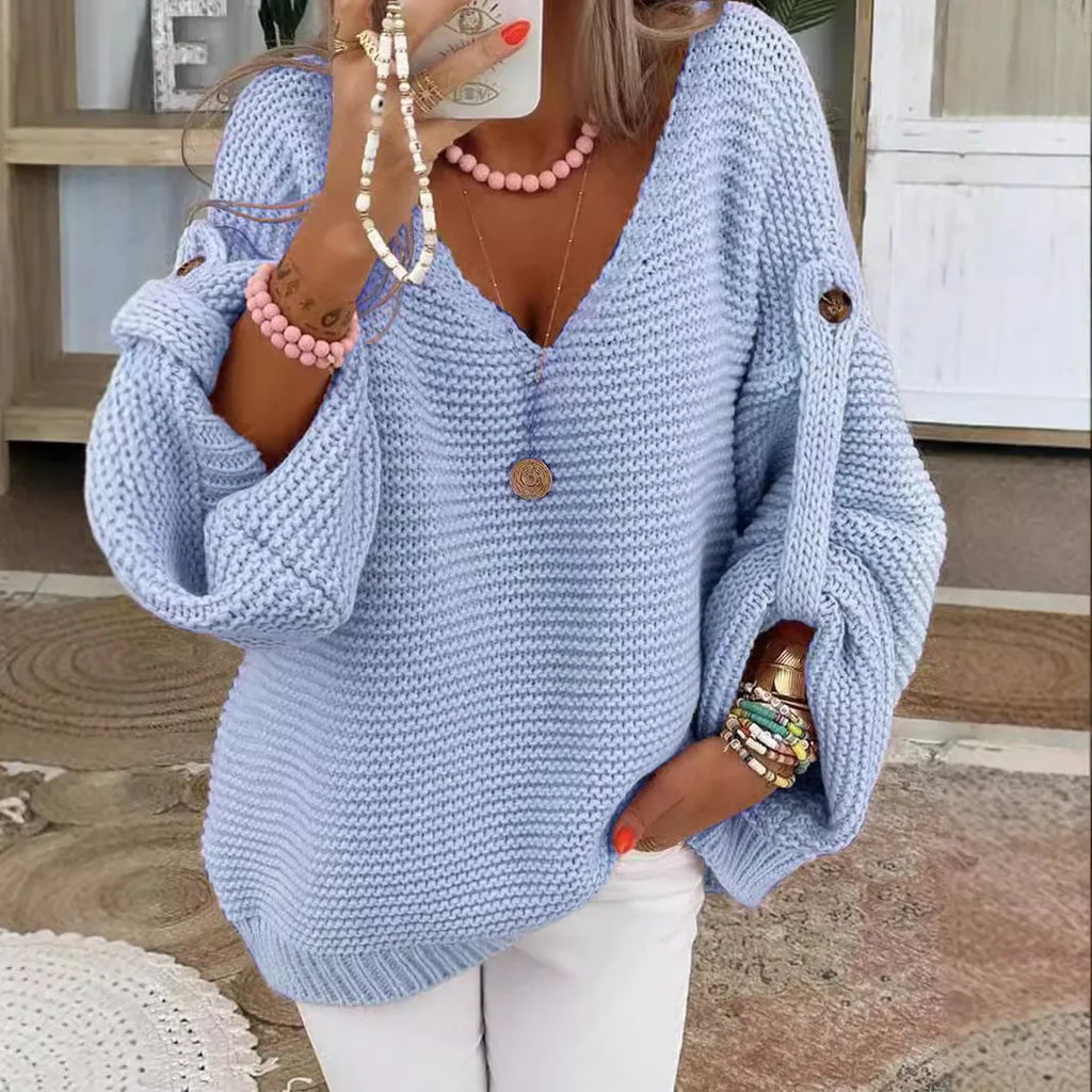 Women's Chunky Knit Jumper | Lantern Sleeves, Scalloped V-Neck, Oversized Fit 2