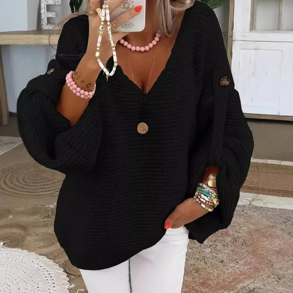 Women's Chunky Knit Jumper | Lantern Sleeves, Scalloped V-Neck, Oversized Fit 4