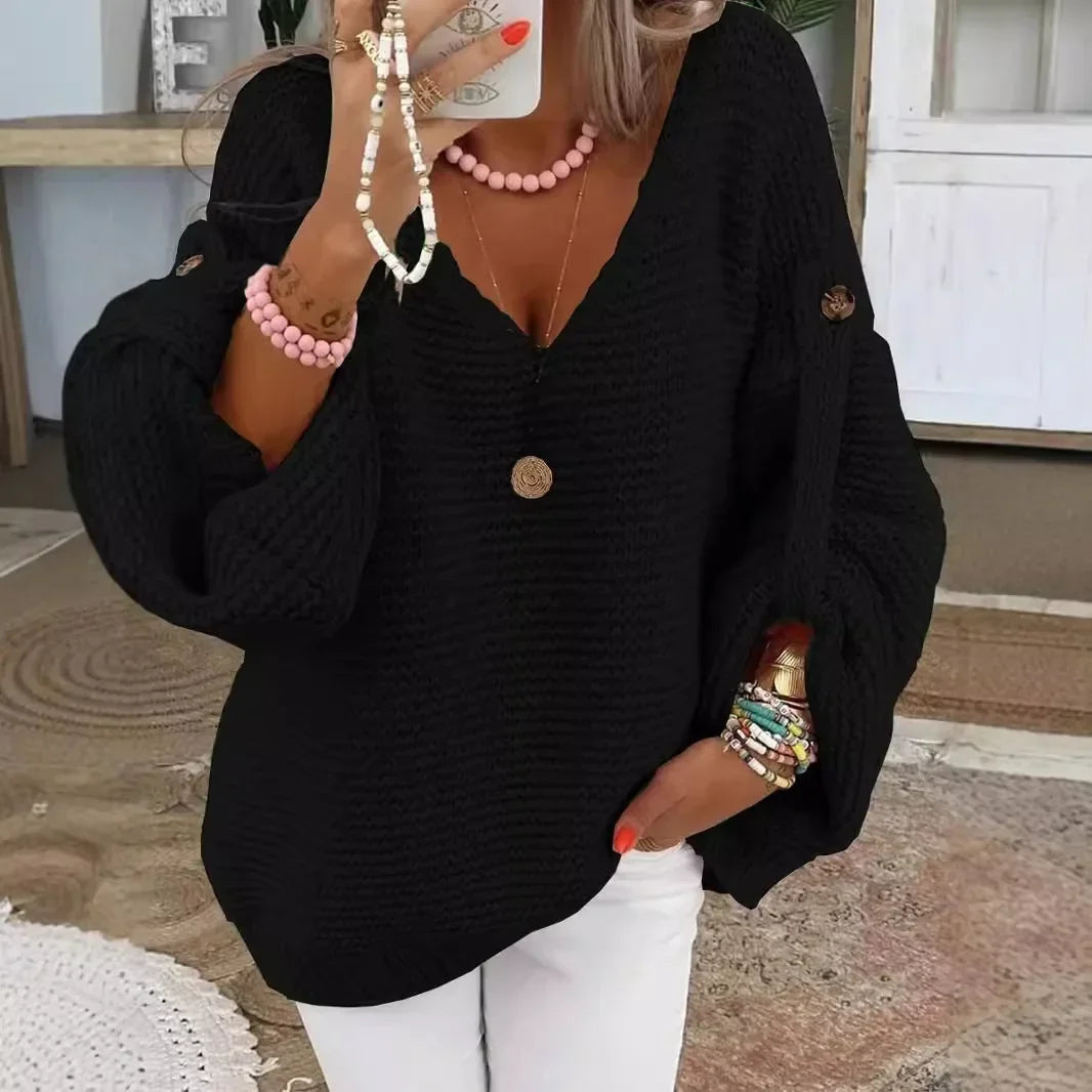Women's Chunky Knit Jumper | Lantern Sleeves, Scalloped V-Neck, Oversized Fit 4