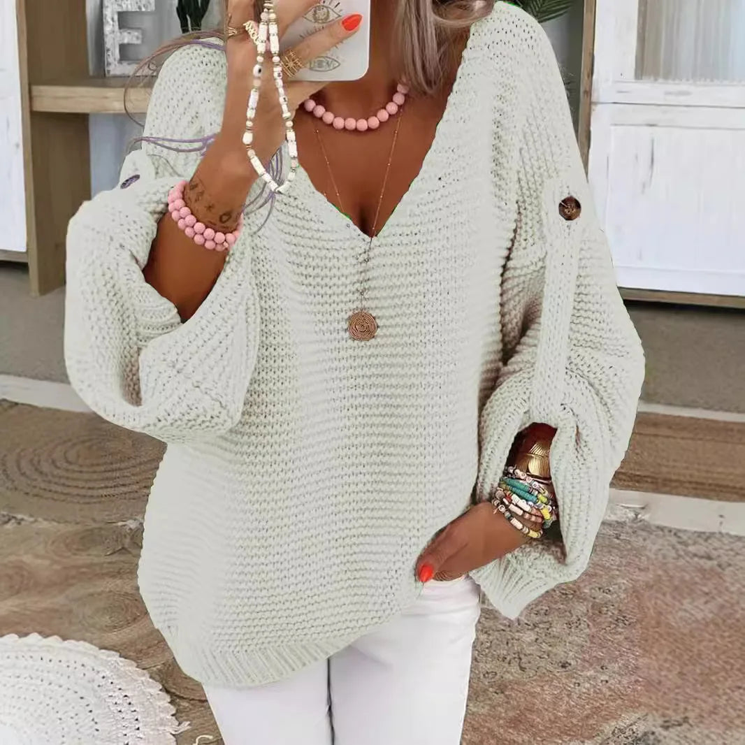 Women's Chunky Knit Jumper | Lantern Sleeves, Scalloped V-Neck, Oversized Fit 5