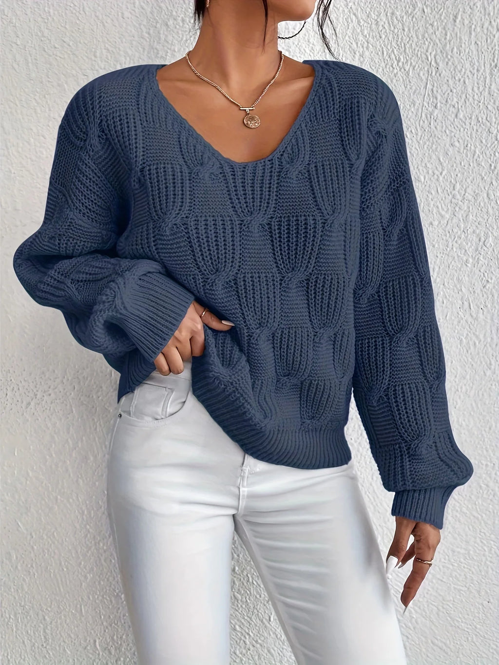 Women's Chunky Knit V-Neck Jumper | Cable Knit, Puff Sleeves, Relaxed Fit 0