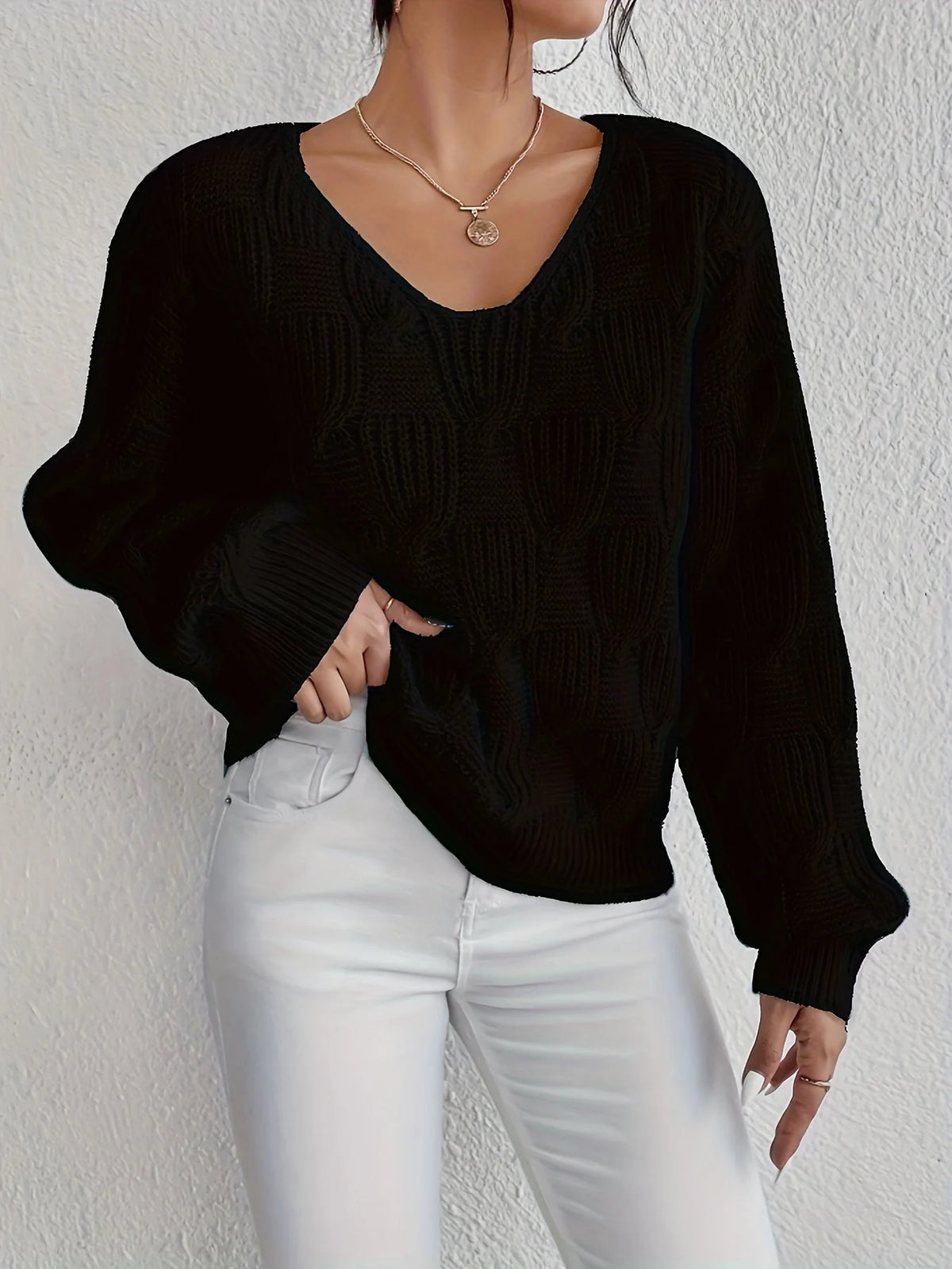 Women's Chunky Knit V-Neck Jumper | Cable Knit, Puff Sleeves, Relaxed Fit 1