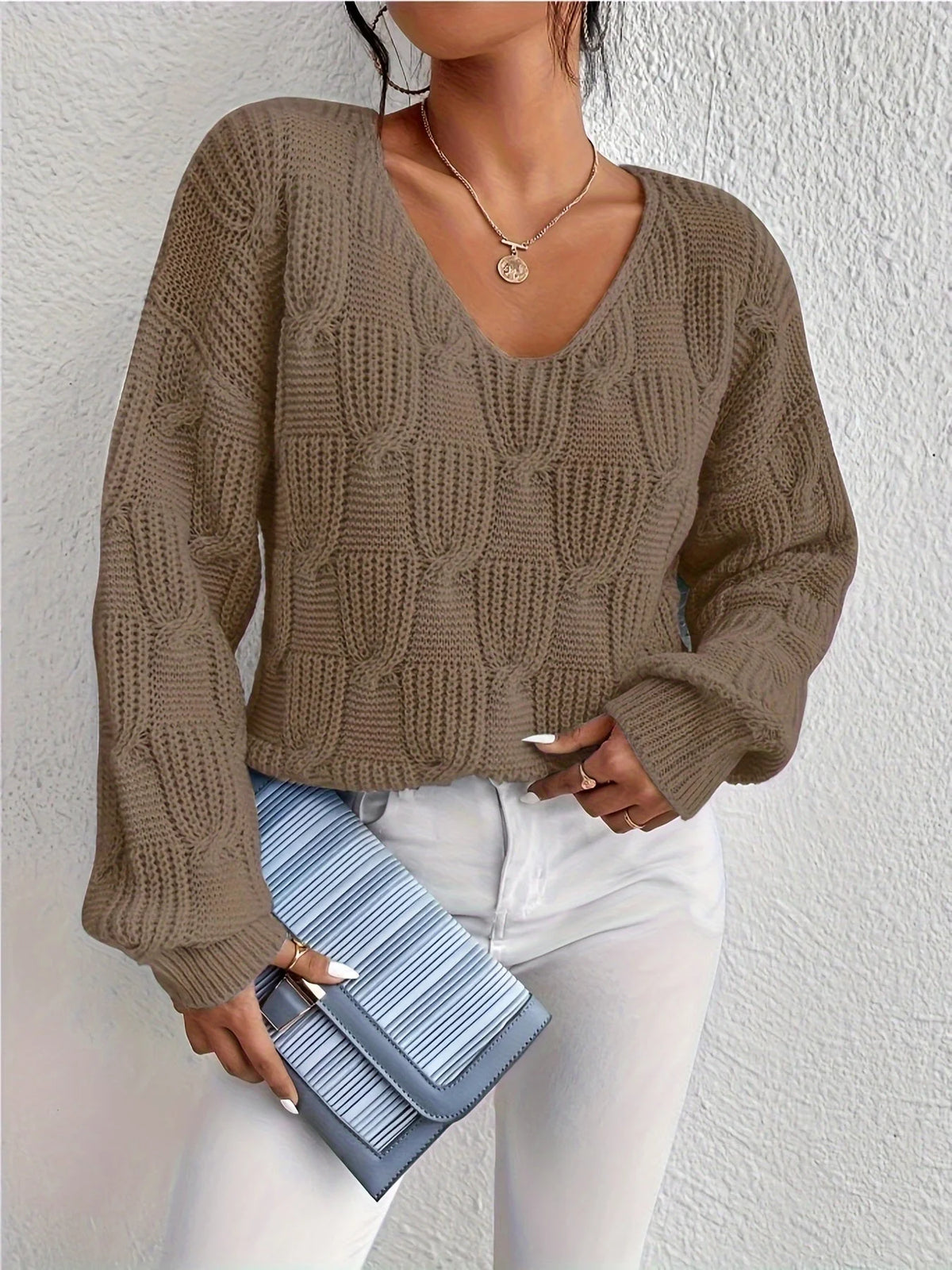 Women's Chunky Knit V-Neck Jumper | Cable Knit, Puff Sleeves, Relaxed Fit 3