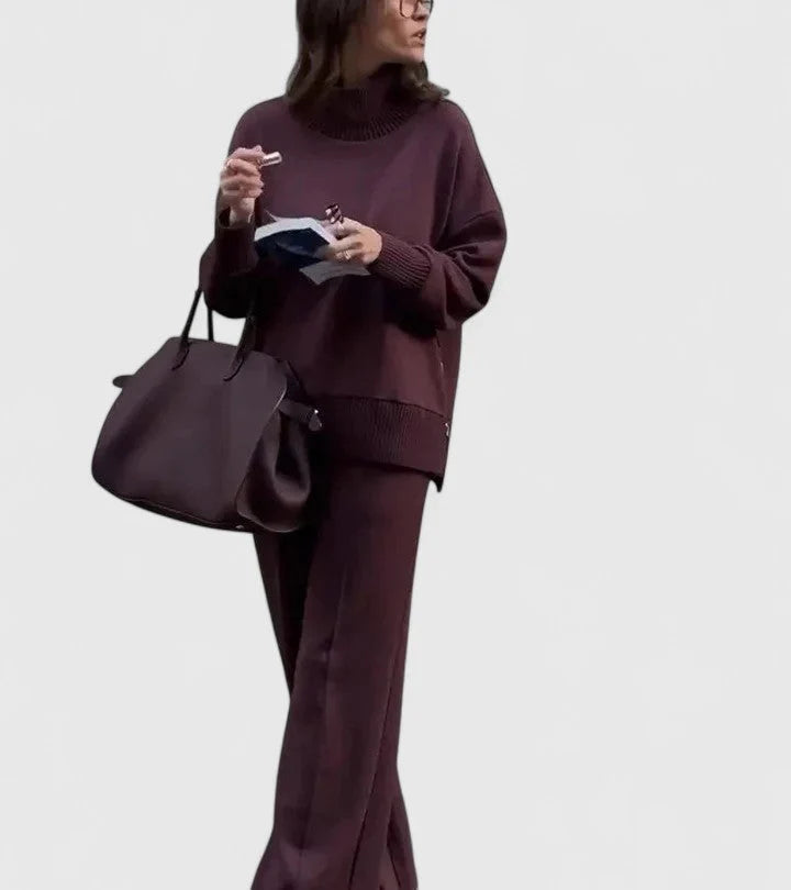 Women's Co Ord Set | High-Neck Sweater with Side Zip, Elastic Waist Pants 1