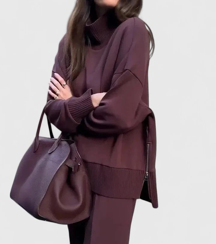 Women's Co Ord Set | High-Neck Sweater with Side Zip, Elastic Waist Pants 4