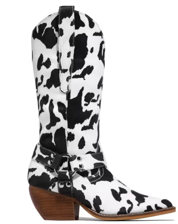 Women's Cowboy Boots | Cow-Print Design, Pointed Toe, Block Heel 3