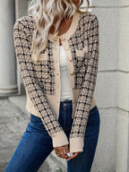 Women's Cropped Cardigan | Houndstooth Pattern, Gold Button Front, Fitted Silhouette 1