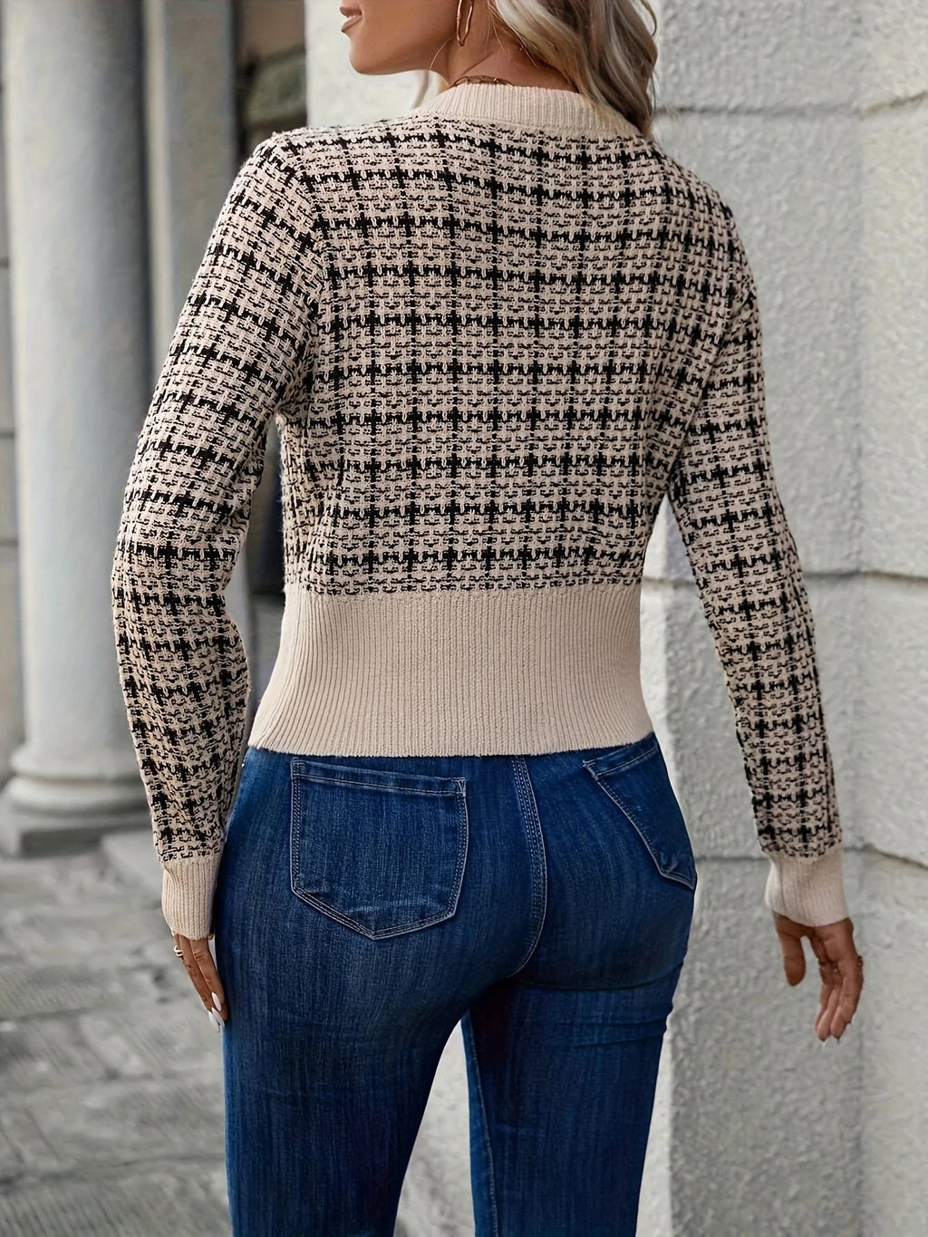 Women's Cropped Cardigan | Houndstooth Pattern, Gold Button Front, Fitted Silhouette 2