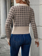 Women's Cropped Cardigan | Houndstooth Pattern, Gold Button Front, Fitted Silhouette 2
