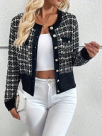 Women's Cropped Cardigan | Houndstooth Pattern, Gold Button Front, Fitted Silhouette 3