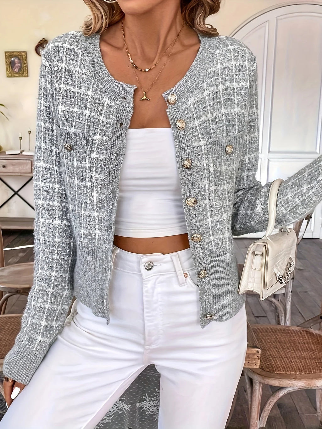 Women's Cropped Cardigan | Houndstooth Pattern, Gold Button Front, Fitted Silhouette 5